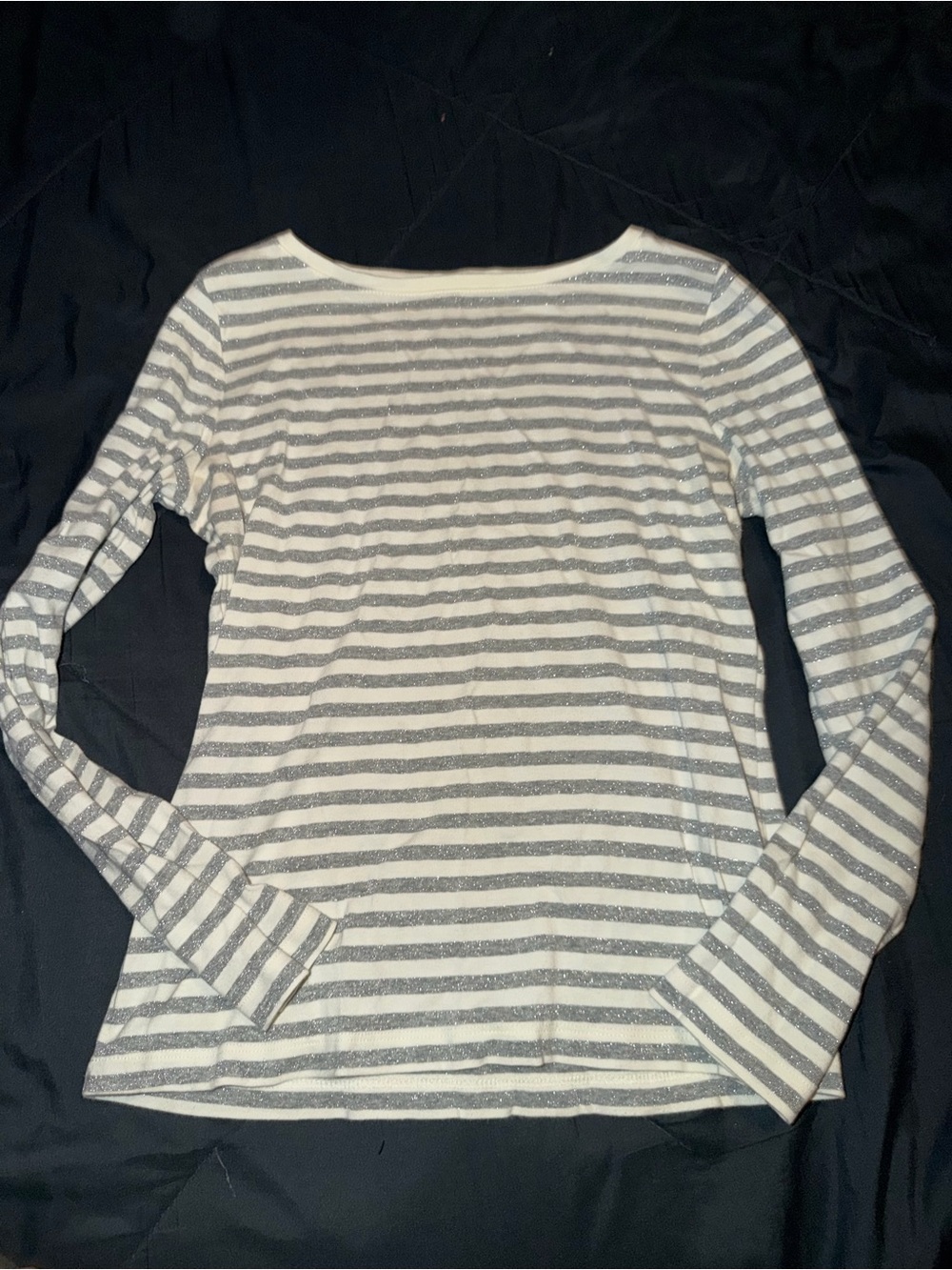 Talbots White and Light Gray Striped Long-Sleeve Boatneck Top